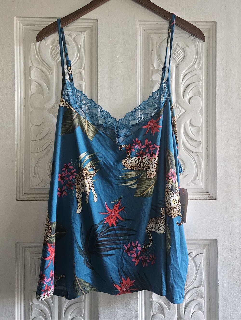 NWTS Joyspun Teal Floral & Leopard Print Lace-Trim Chemise 3X